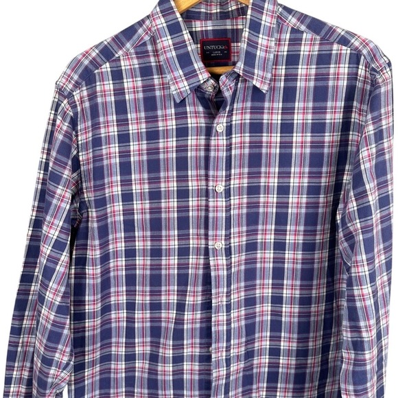 UNTUCKit Other - UNTUCKit Mens Large Plaid Button Down Shirt Navy Magenta White 100% Cotton USA